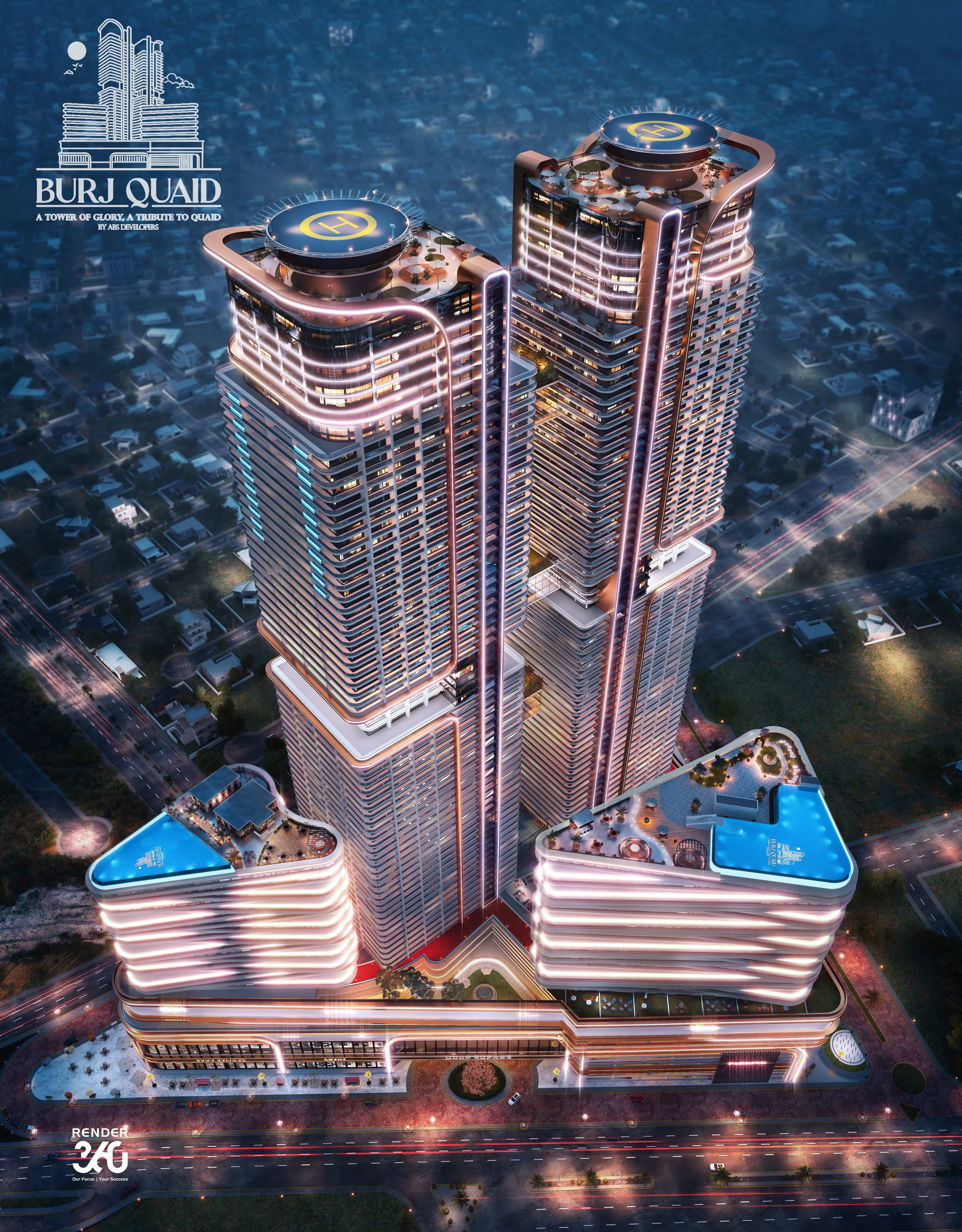 Burj Quaid twin towers aerial night view